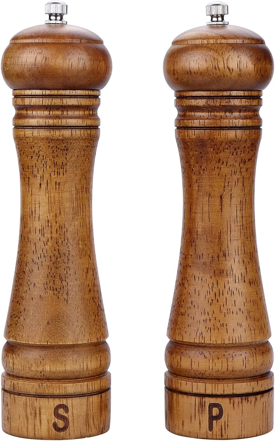 8-Inch Oak Wood Salt and Pepper Grinder Set with Ceramic Rotor