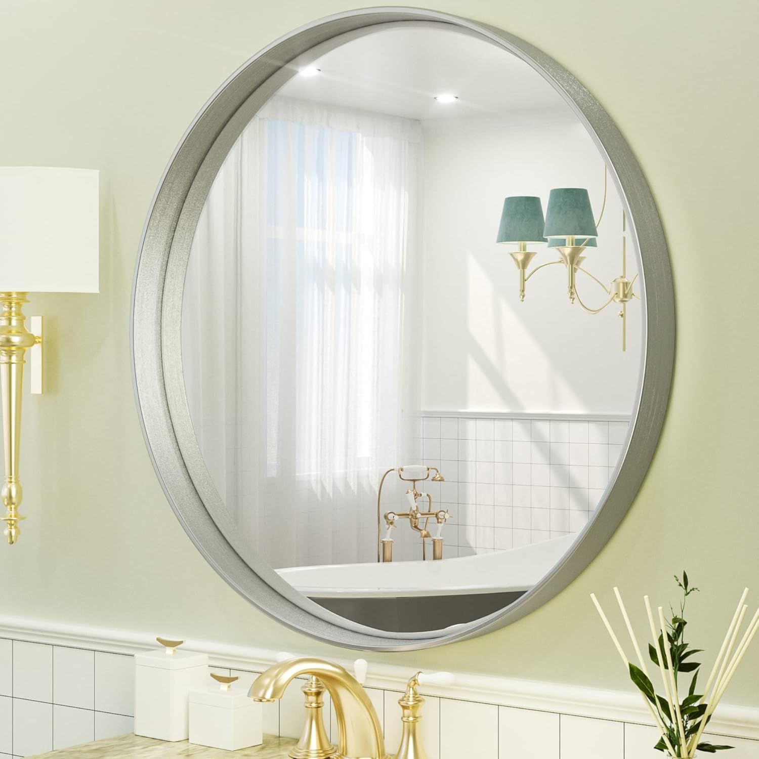 30" Round Silver Metal Framed Bathroom Mirror