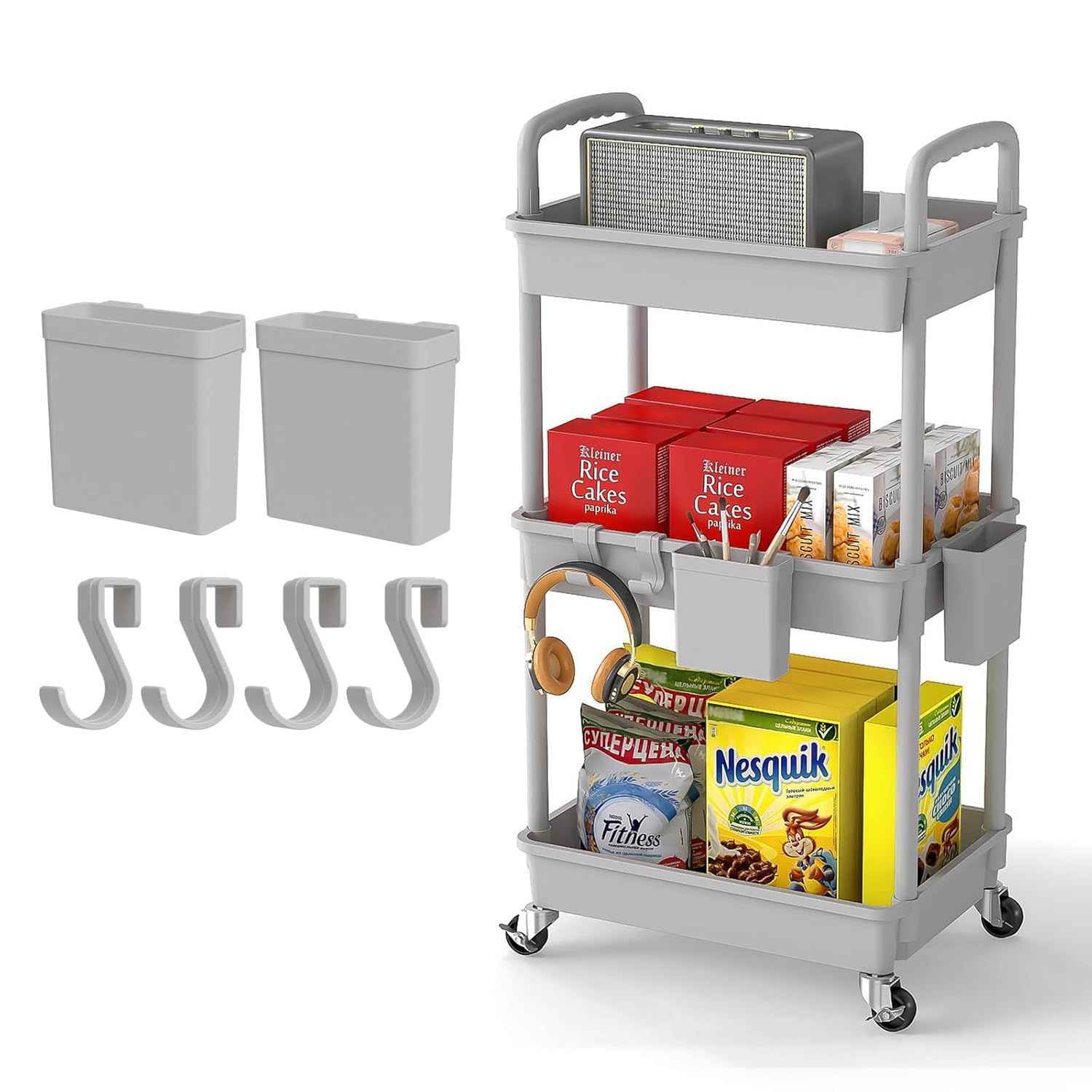 Gray 3-Tier Rolling Utility Cart with Handle and Storage Organizer