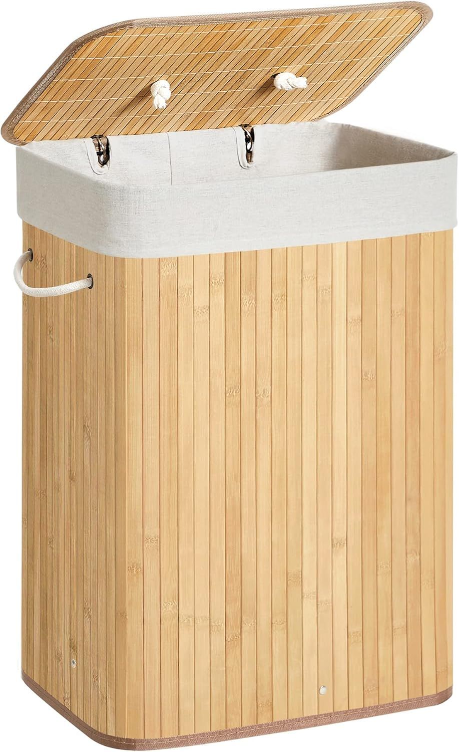 Natural Bamboo Foldable Laundry Hamper with Lid and Handles