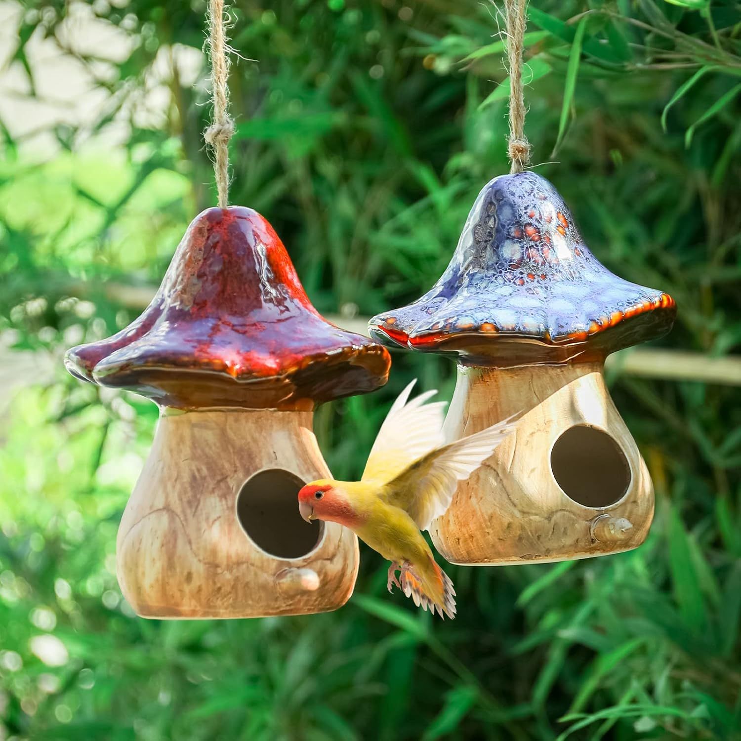 Set of 2 Red and Blue Ceramic Mushroom Birdhouses