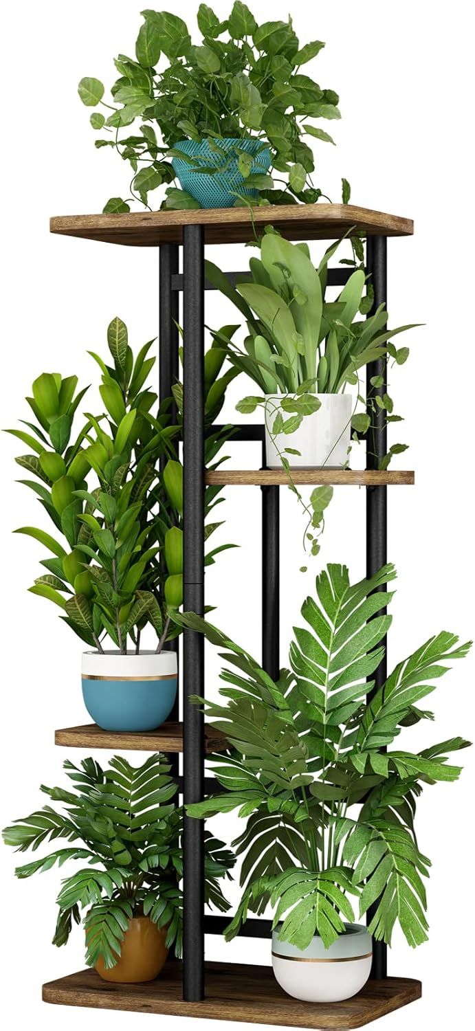 Black and Brown 4-Tier Iron and MDF Plant Stand