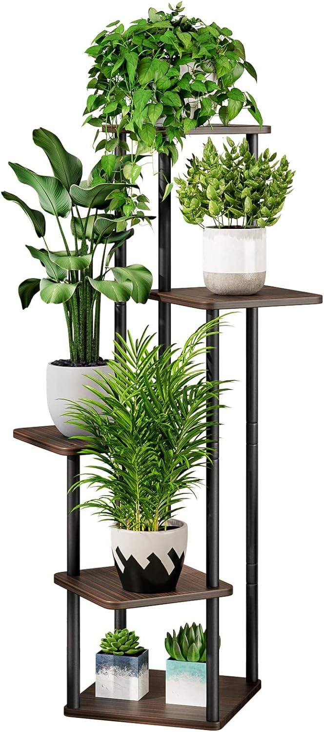 Black Oak 5-Tier Metal and MDF Indoor Plant Stand