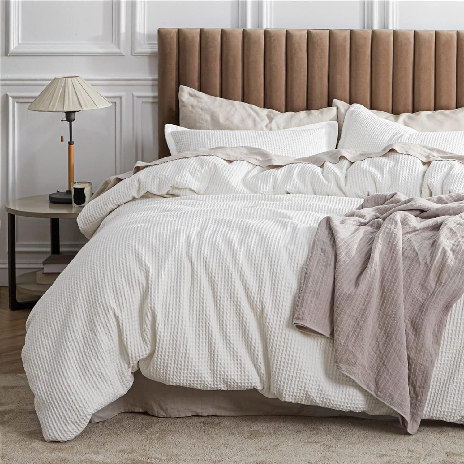 Coconut White Cotton Waffle Weave Queen Duvet Cover Set