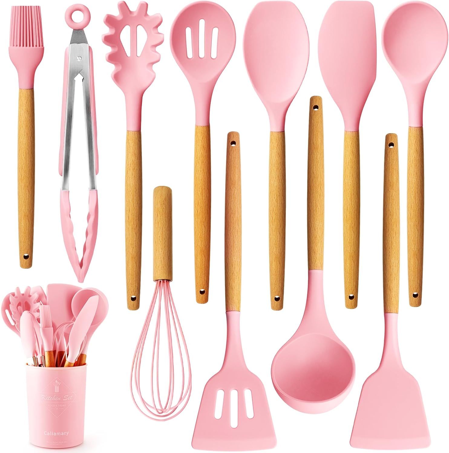 11-Piece Pink Silicone Kitchen Utensil Set with Wooden Handles