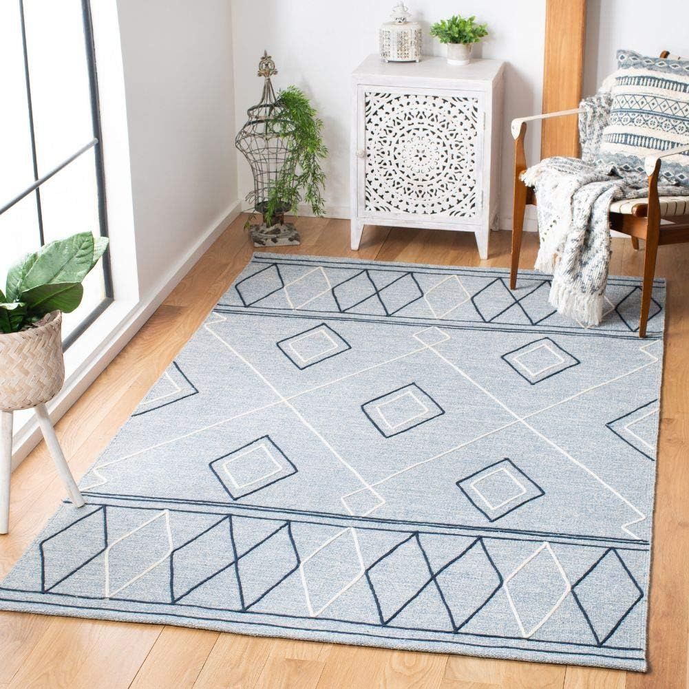 Handmade Light Blue Wool Striped Flat Woven Rug