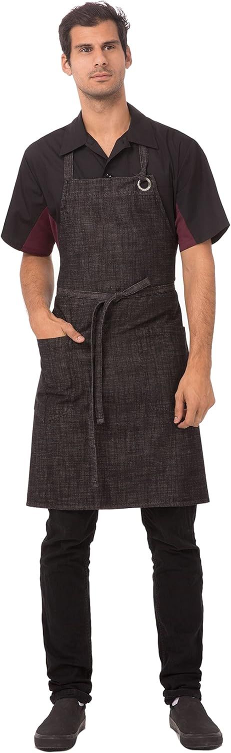 Adjustable Black Denim Bib Apron with Pockets