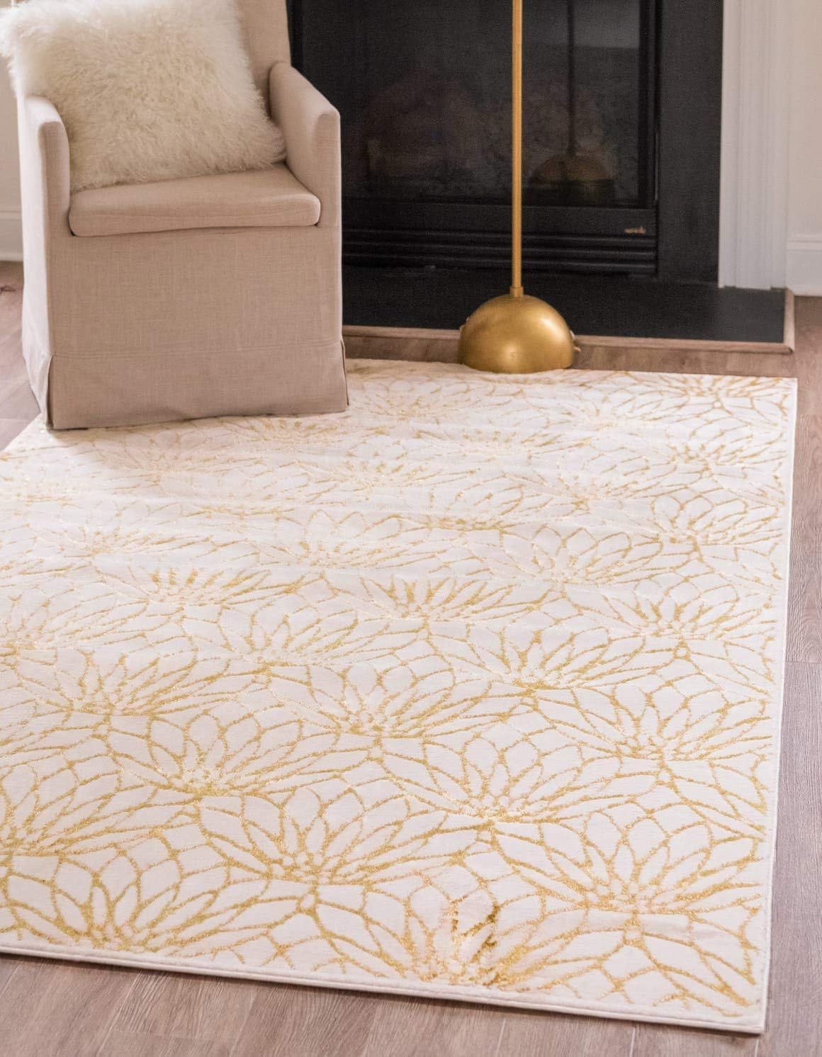 Elegant White Gold 4' x 6' Floral Glam Synthetic Area Rug