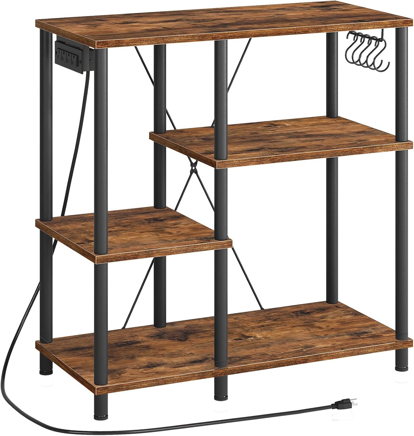 Rustic Brown and Black 4-Tier Kitchen Storage Rack with Power Outlet