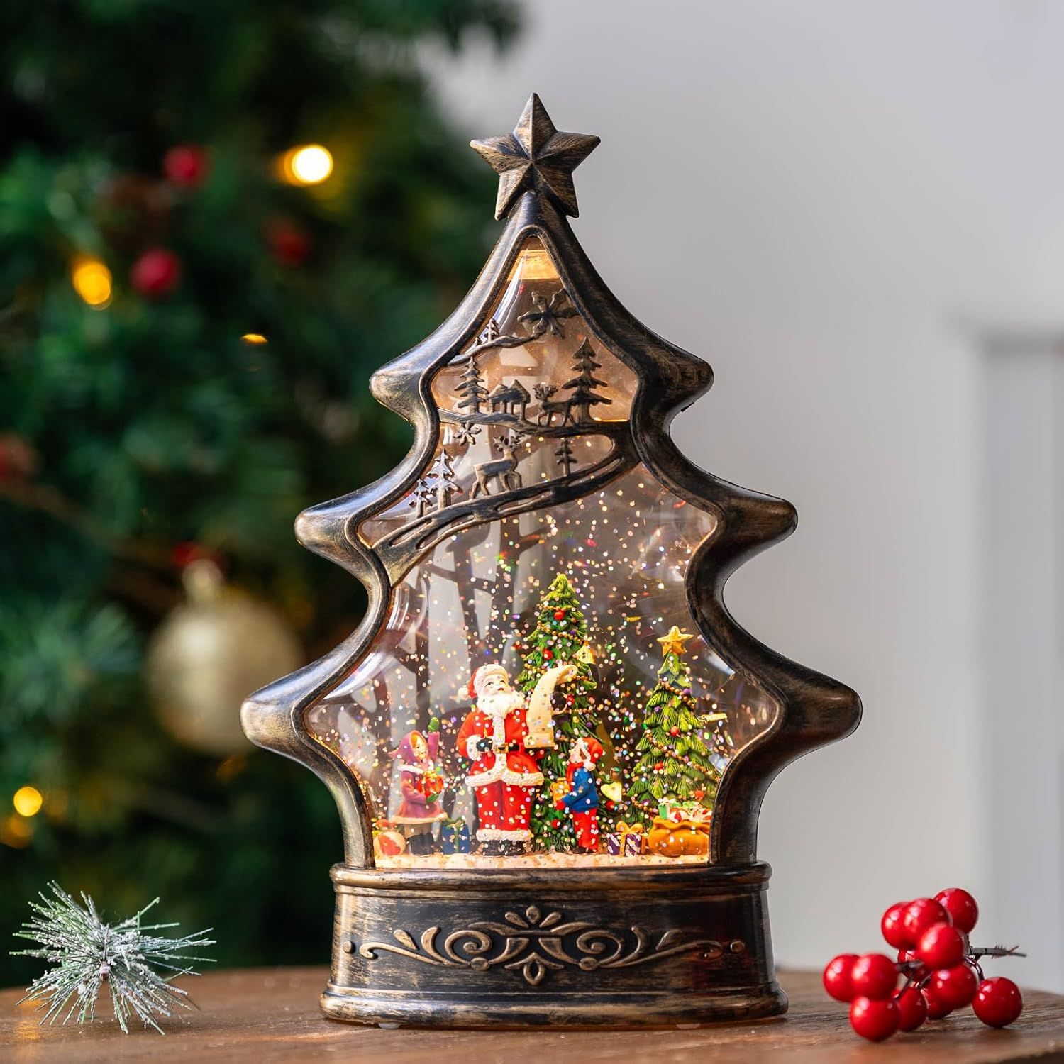 Bronze Christmas Tree Lantern Snow Globe with Santa Scene