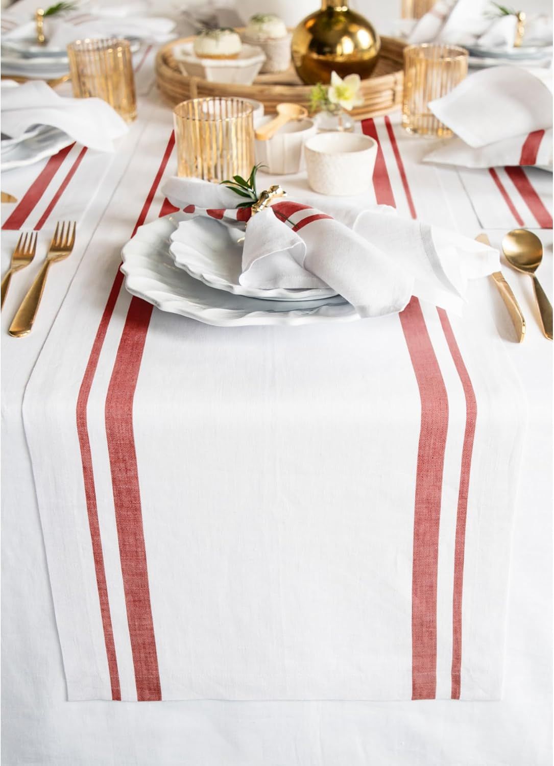 Red and White Striped Linen Table Runner 120" Long