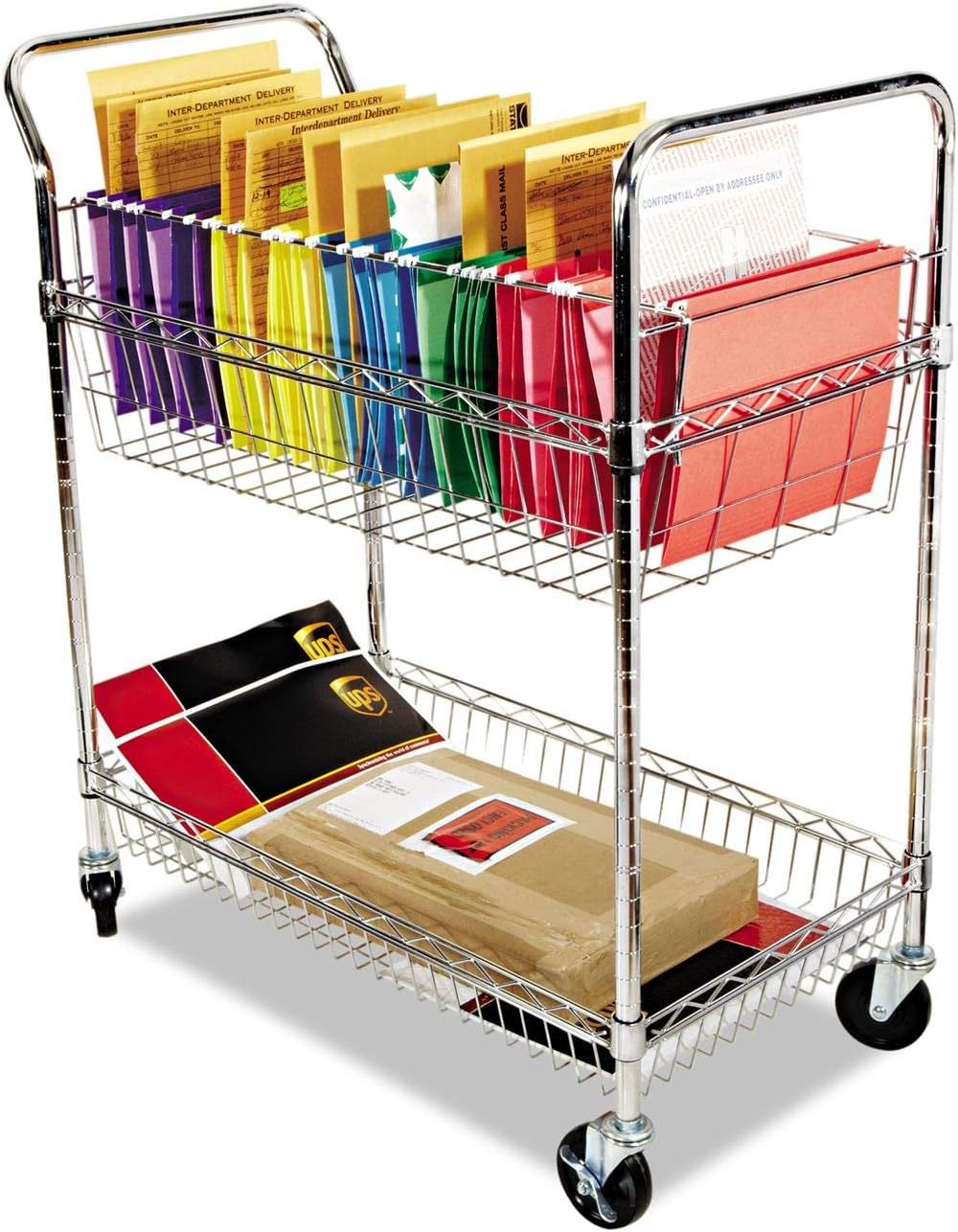 Chrome Two-Shelf Mobile Office Mail Cart with Adjustable Baskets