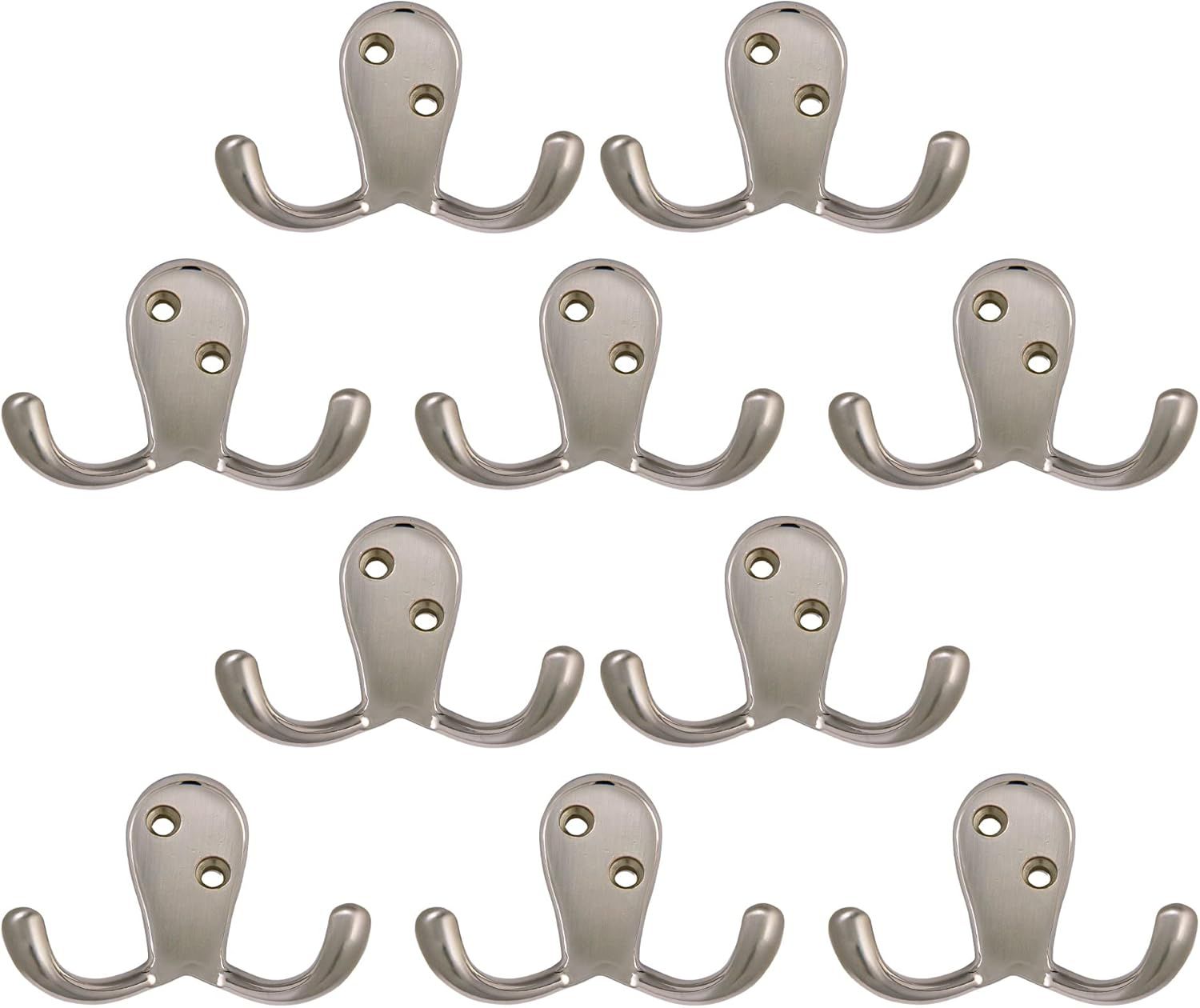 Satin Nickel Double Hook 10-Pack for Extra Storage