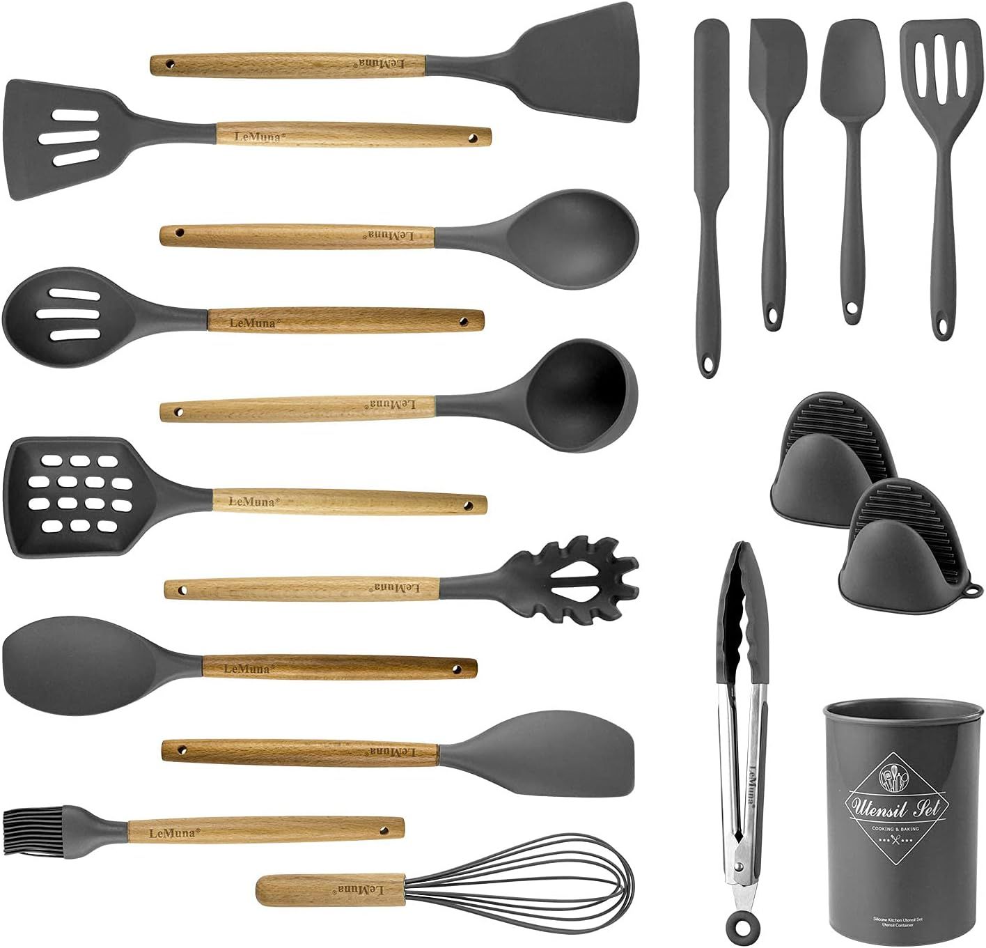 Gray Silicone and Wood 18-Piece Cooking Utensil Set