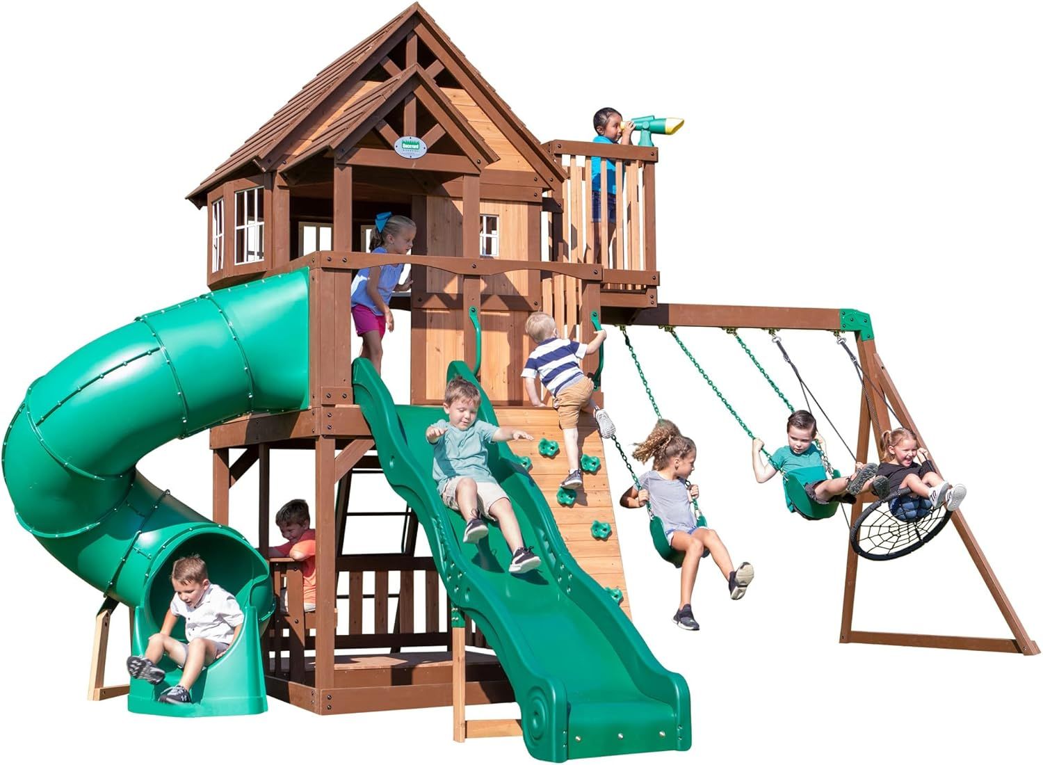 Skyfort Cedar Swing Set with Green Slides and Swings