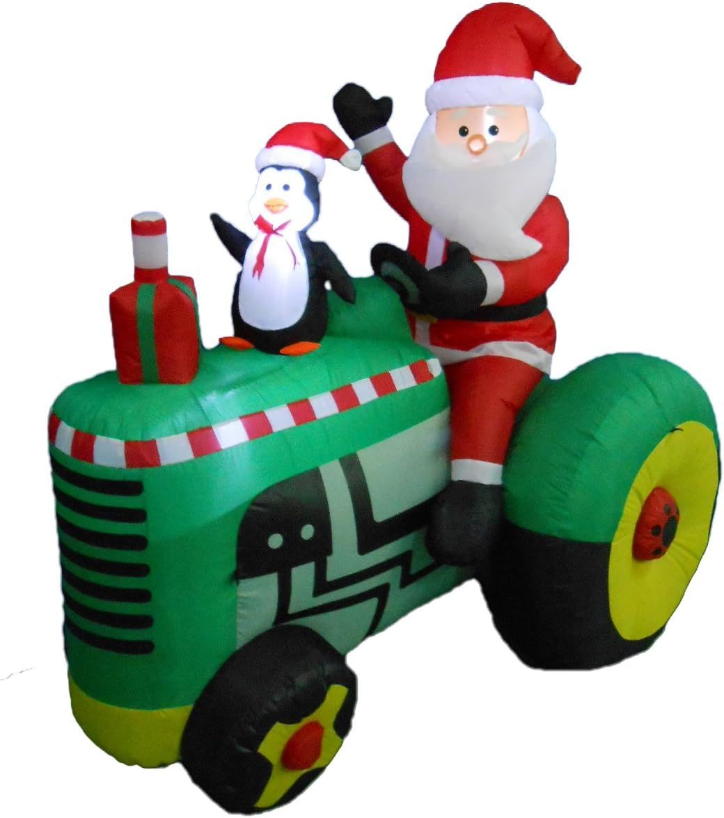 5.3 Foot Inflatable Santa Claus on Tractor with Penguin and LED Lights