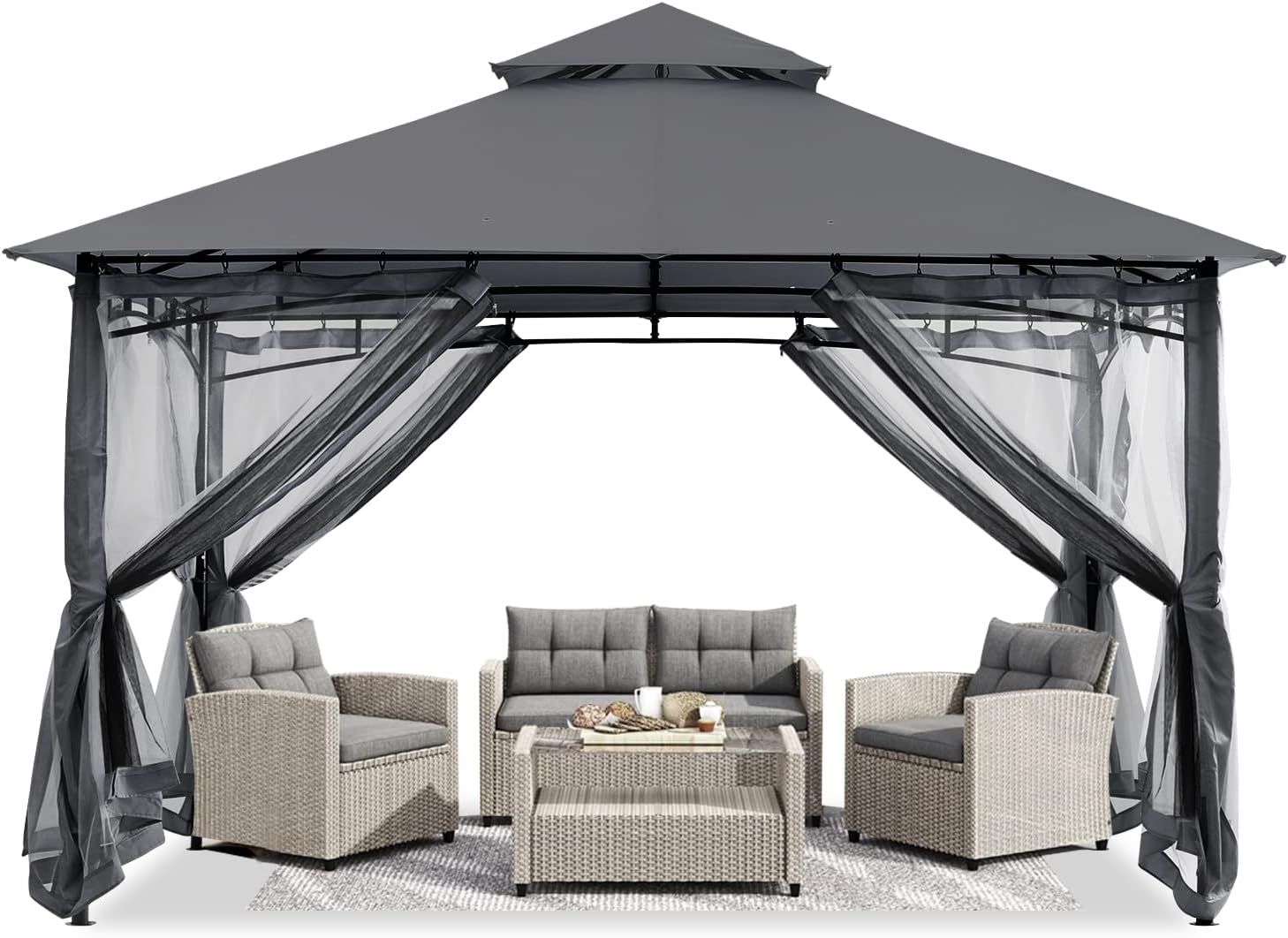 Dark Gray 10x12 Steel Frame Gazebo with Mosquito Netting