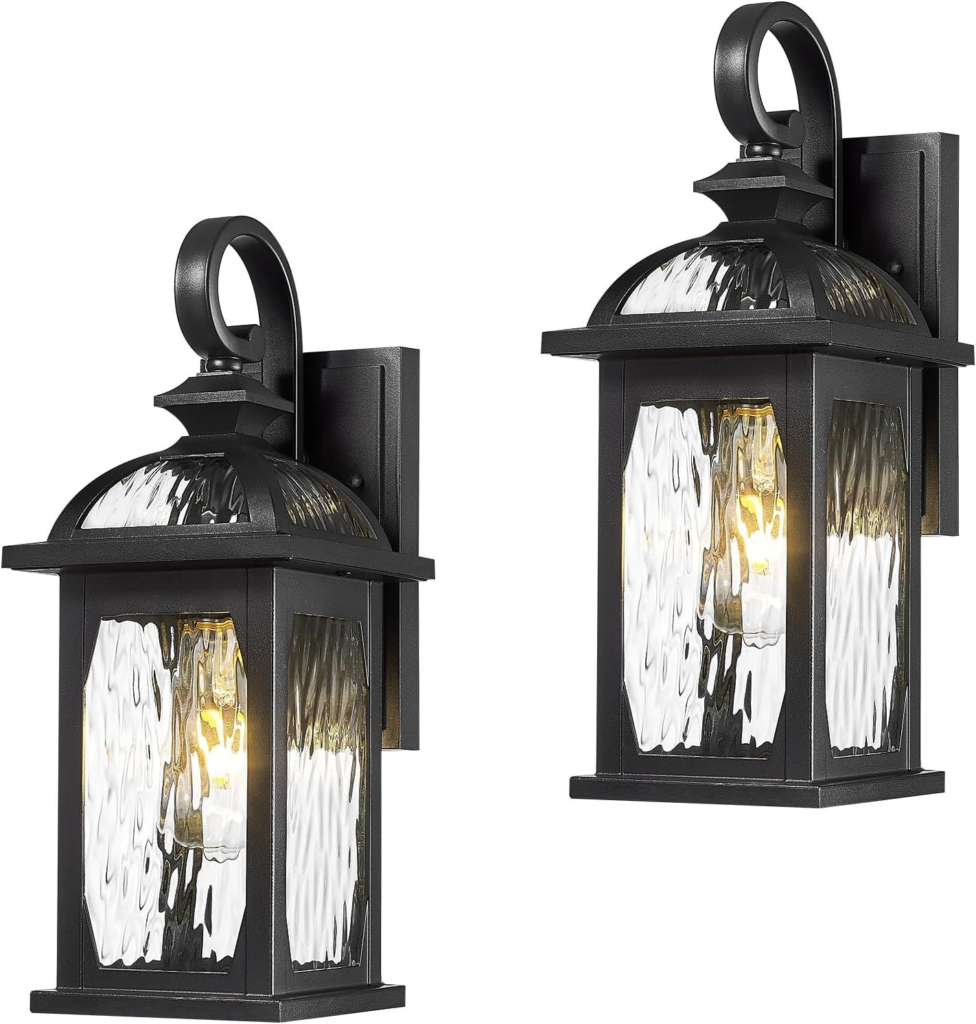 Matte Black Outdoor Wall Sconce with Seeded Glass Shade, Set of 2