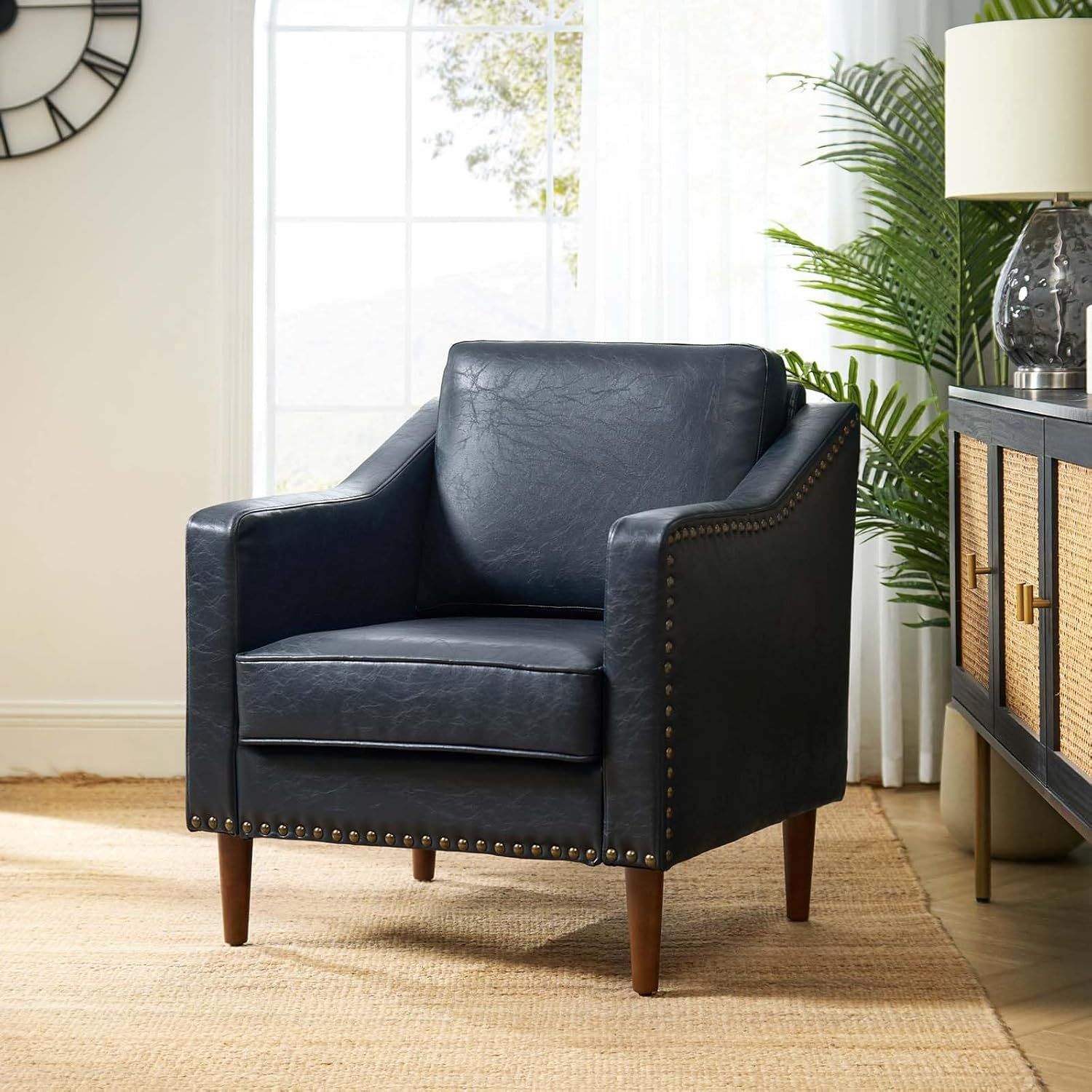 Navy Faux Leather Armchair with Nailhead Trim and Wooden Legs