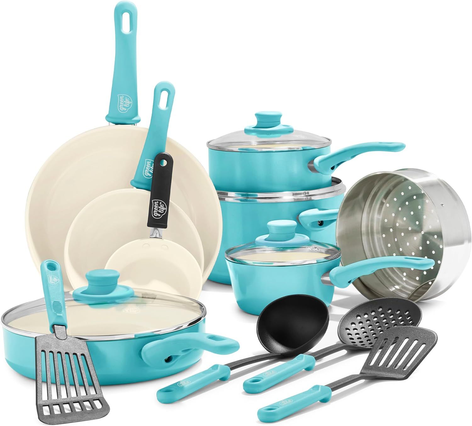 Caribbean Blue 16-Piece Nonstick Aluminum Cookware Set with Glass Lids