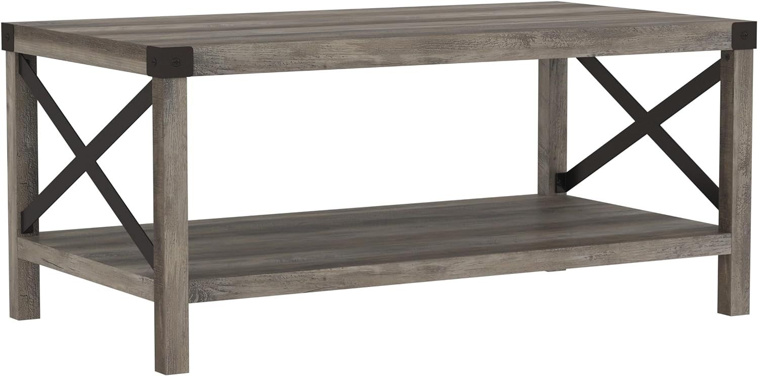 Rustic Urban Industrial 40" Black Wood Coffee Table with Metal Accents