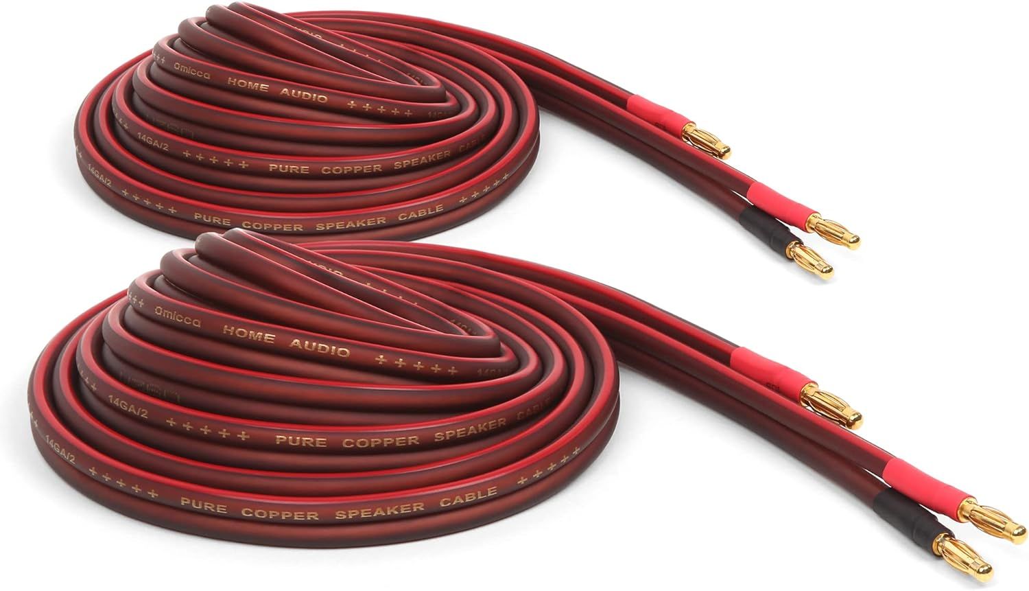 Red Pure Copper Stereo Speaker Wire with Gold Plated Banana Plugs