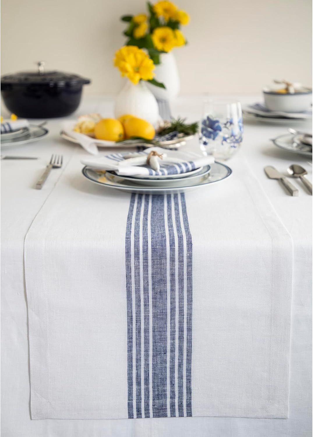 Navy and White Striped Linen Farmhouse Table Runner 16 x 108 Inch