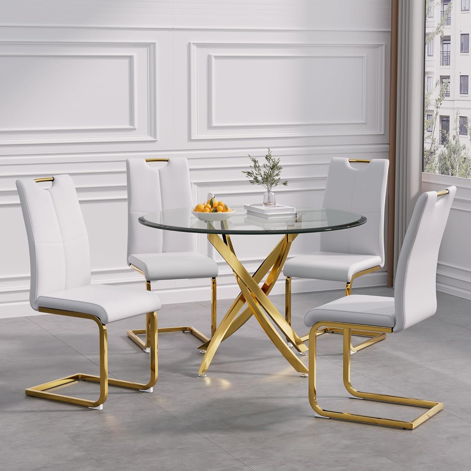 Modern White PU Leather Dining Set with Gold Base and Glass Top