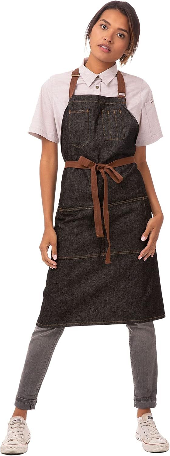 Black Denim Bib Apron with Brown Ties and Pockets