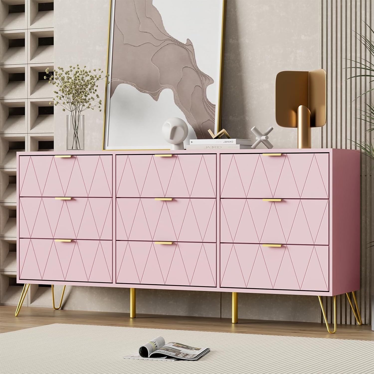 Pink Geometric 9-Drawer Dresser with Gold Accents