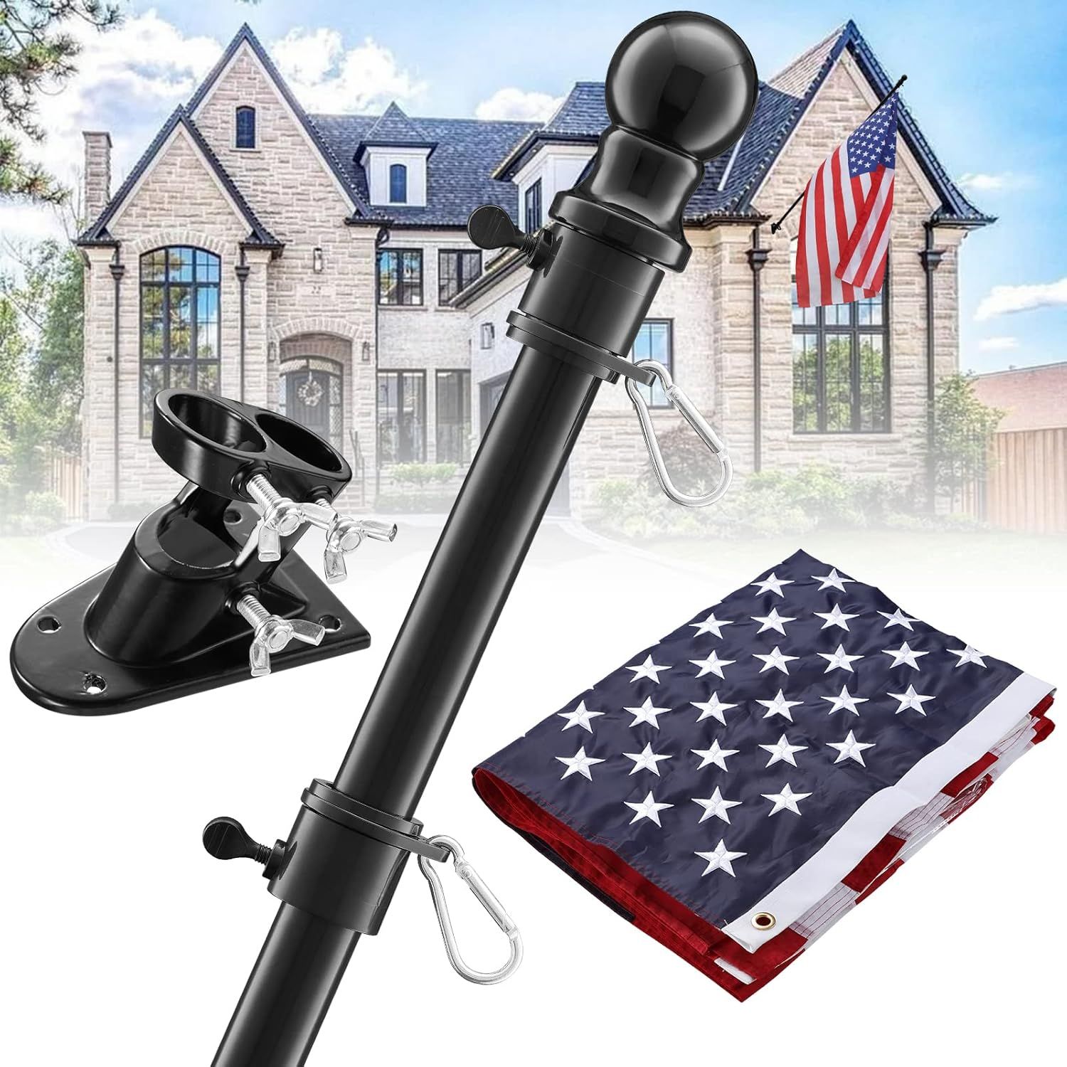 5ft Black Stainless Steel Flag Pole Kit with Embroidered US Flag