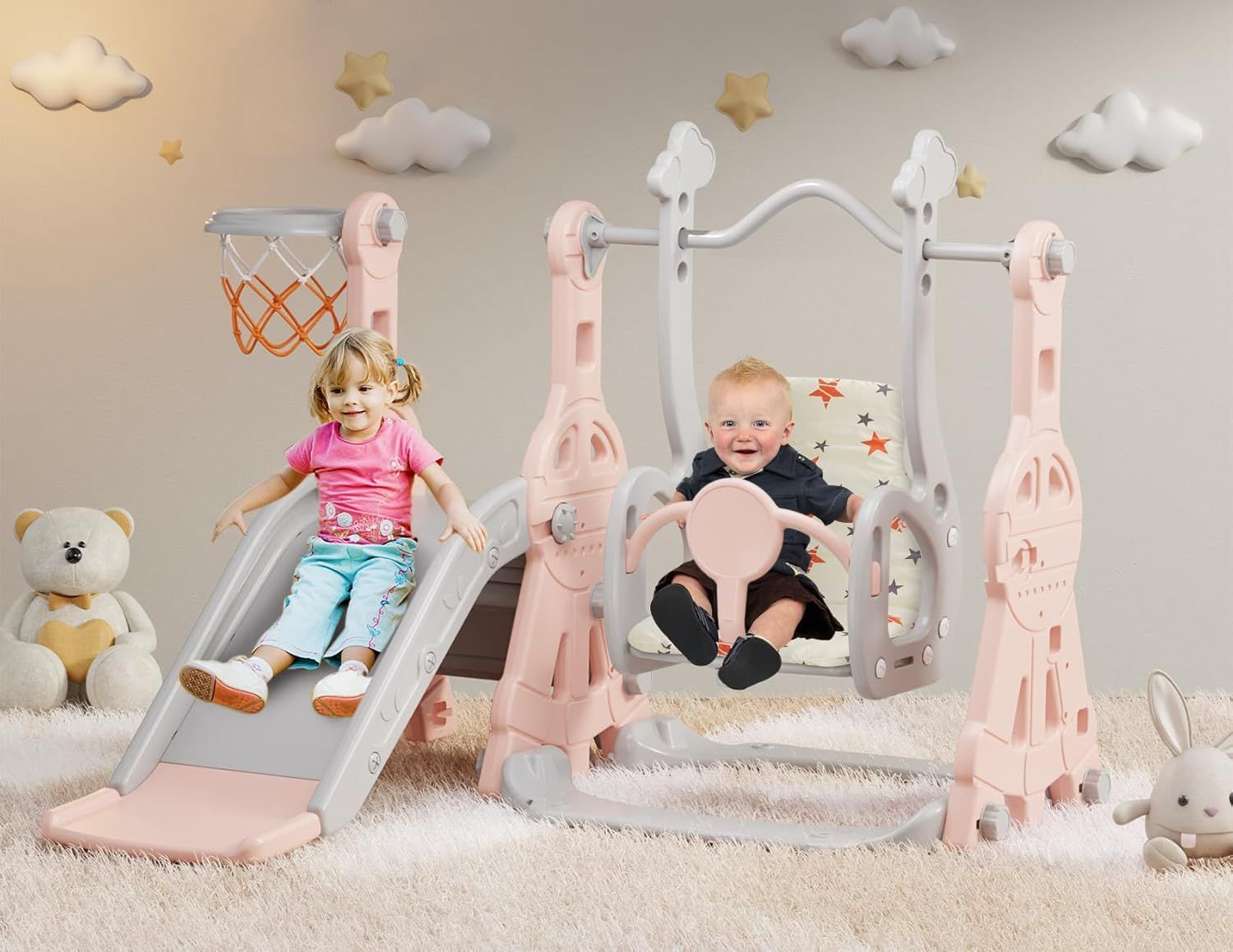 Pink and Gray 4-in-1 Toddler Slide and Swing Set