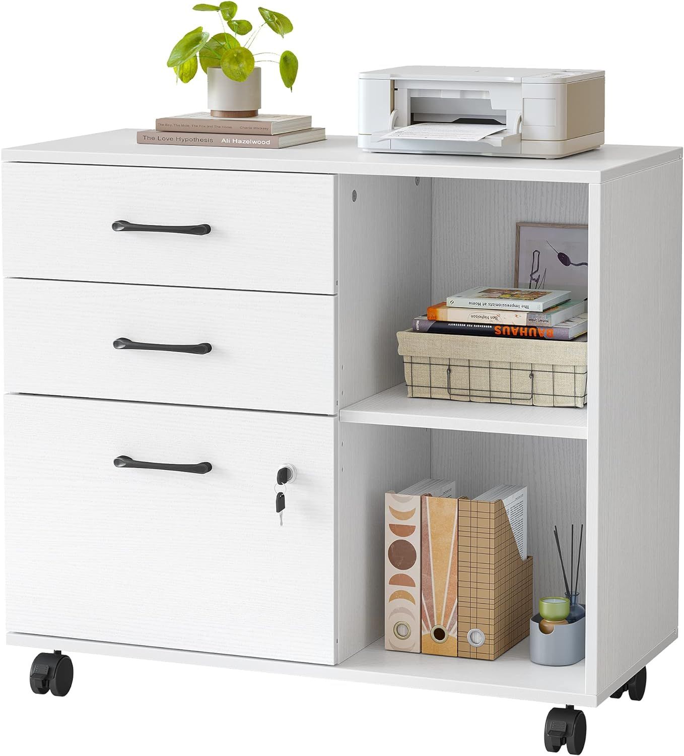 White 3-Drawer Wood File Cabinet with Lock and Open Storage