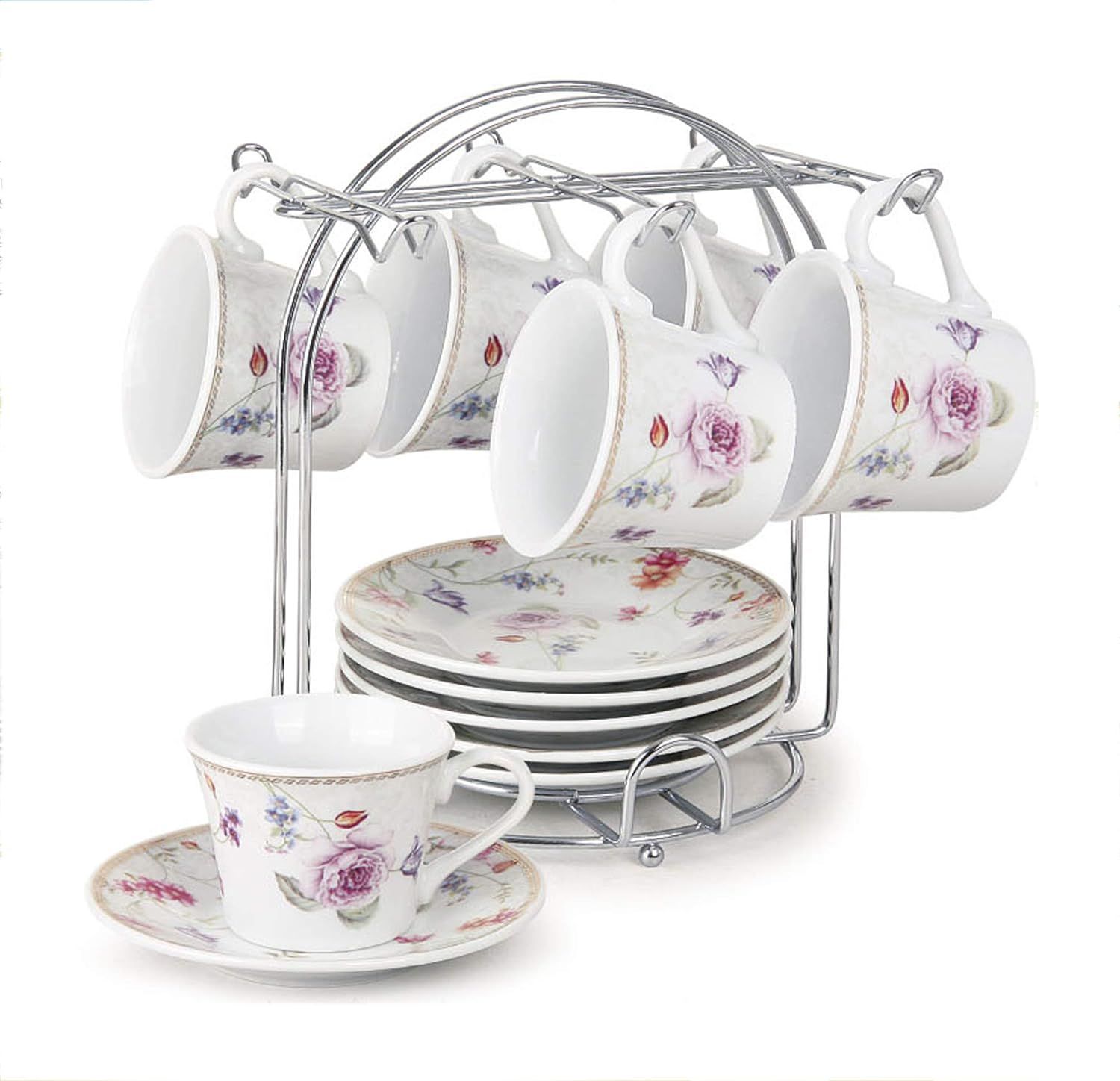 Floral Ceramic Espresso Cups with Saucers and Stand, 13-Piece Set