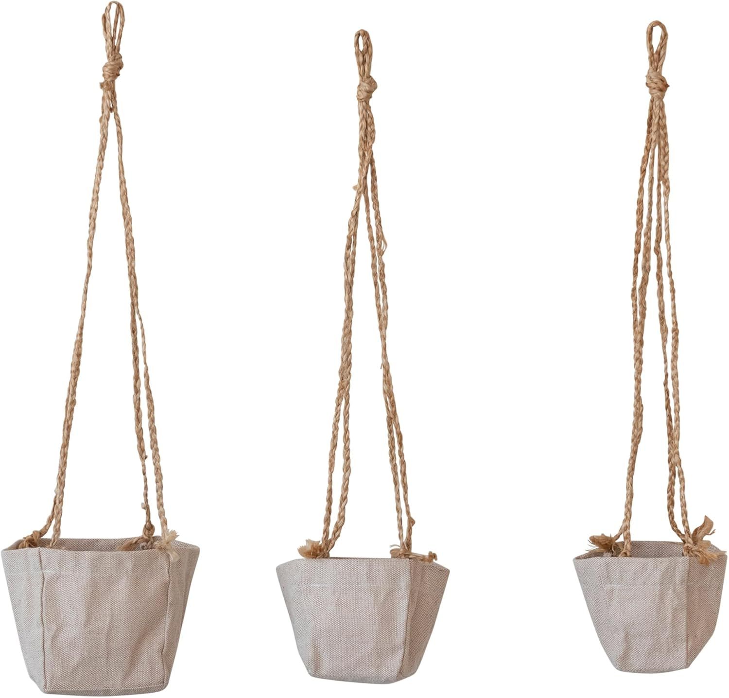 Natural Jute and Cotton Round Hanging Planters, Set of 3