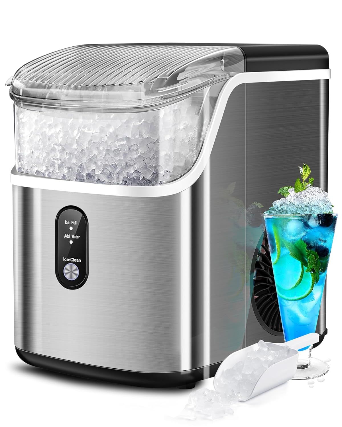 Silver Portable Countertop Nugget Ice Maker with Ice Scoop