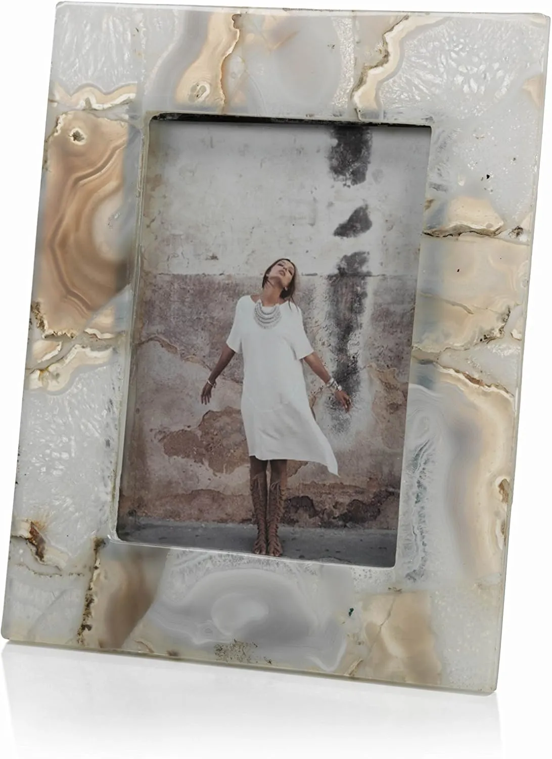 Elegant Agate-Inspired 5x7 White Glass Tabletop & Wall Frame