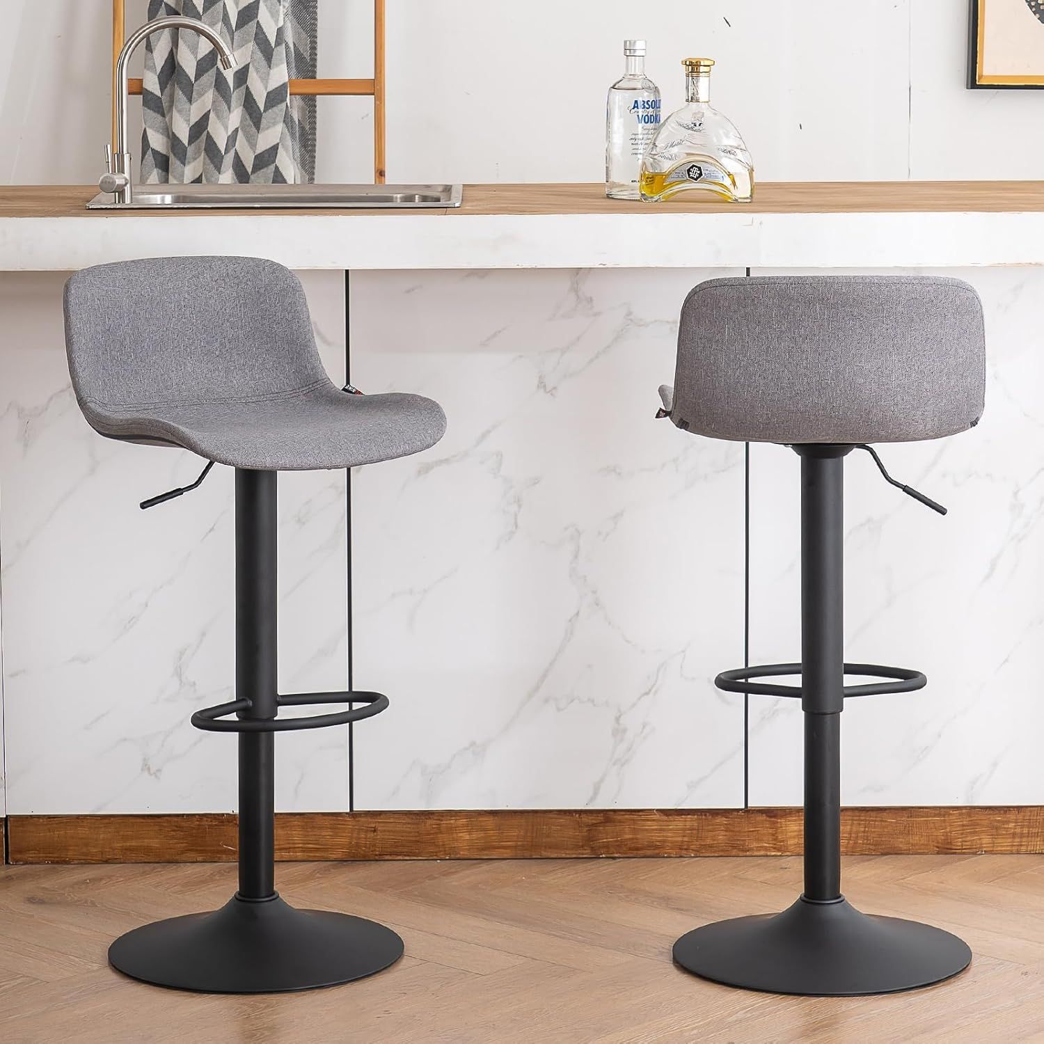 Adjustable Gray Fabric Swivel Bar Stools with Metal Base, Set of 2