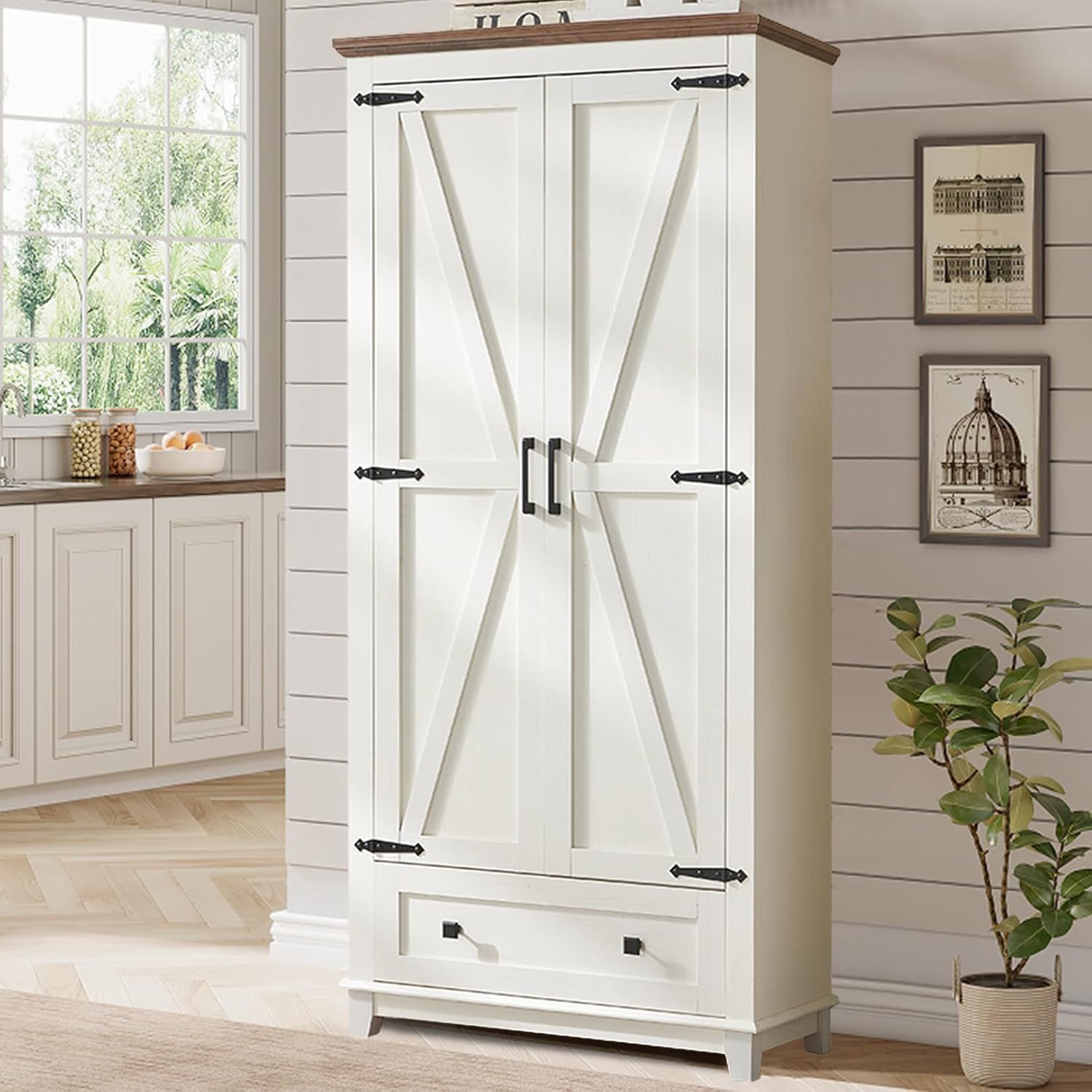 Barnwood and White Farmhouse Kitchen Pantry Cabinet with Adjustable Shelves