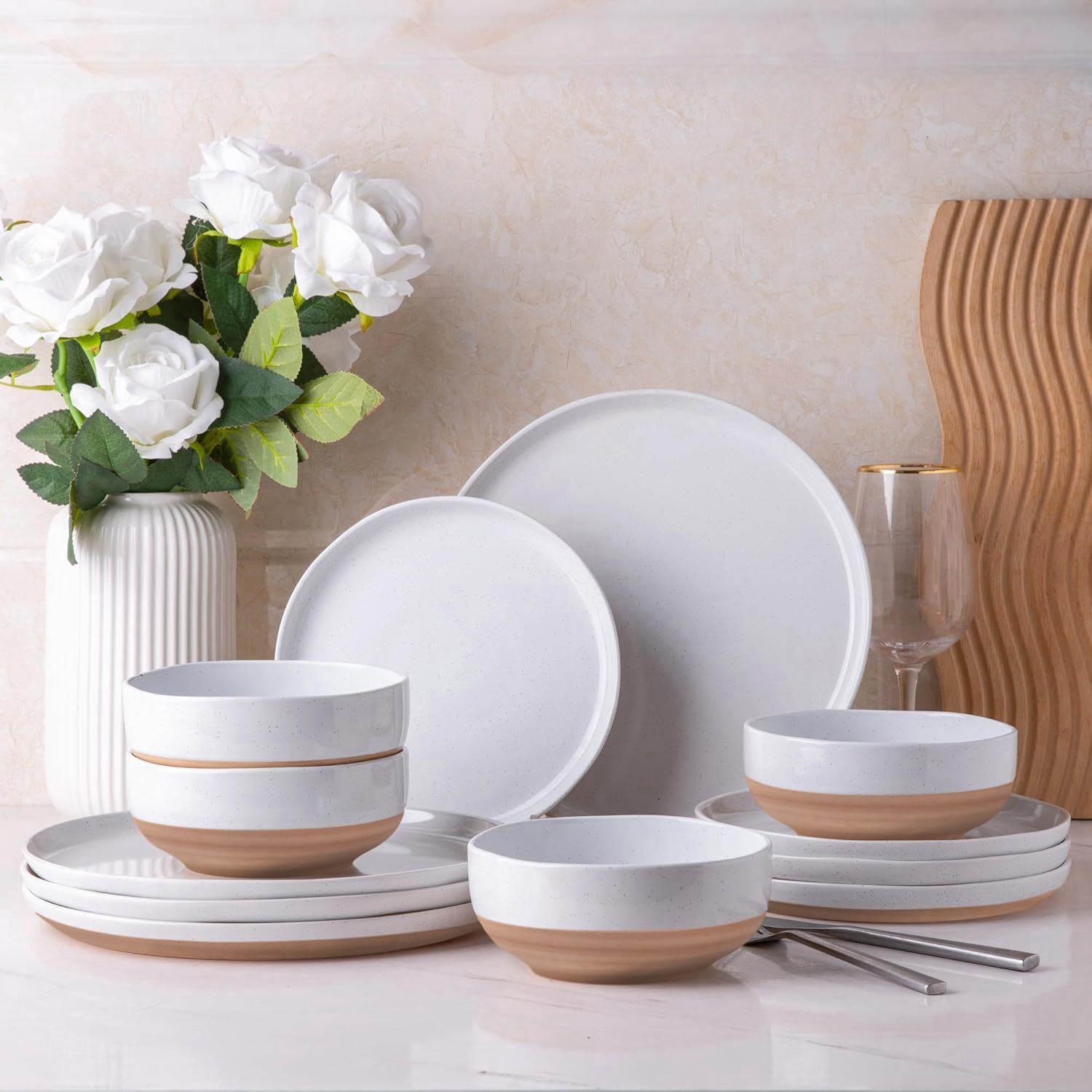 White and Terracotta Ceramic Dinnerware Set for 4, 12 Pieces