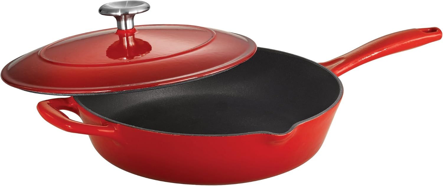 10-Inch Red Enameled Cast Iron Skillet with Lid