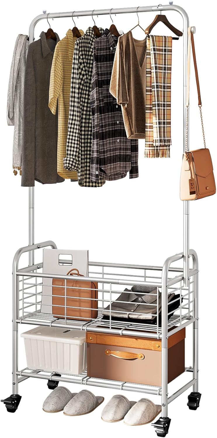 Gray Metal Laundry Sorter with Wheels and Hanging Rack