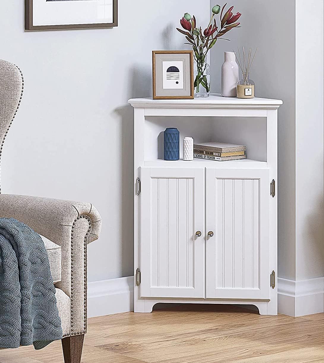 White MDF Lockable Corner Cabinet with Adjustable Shelving