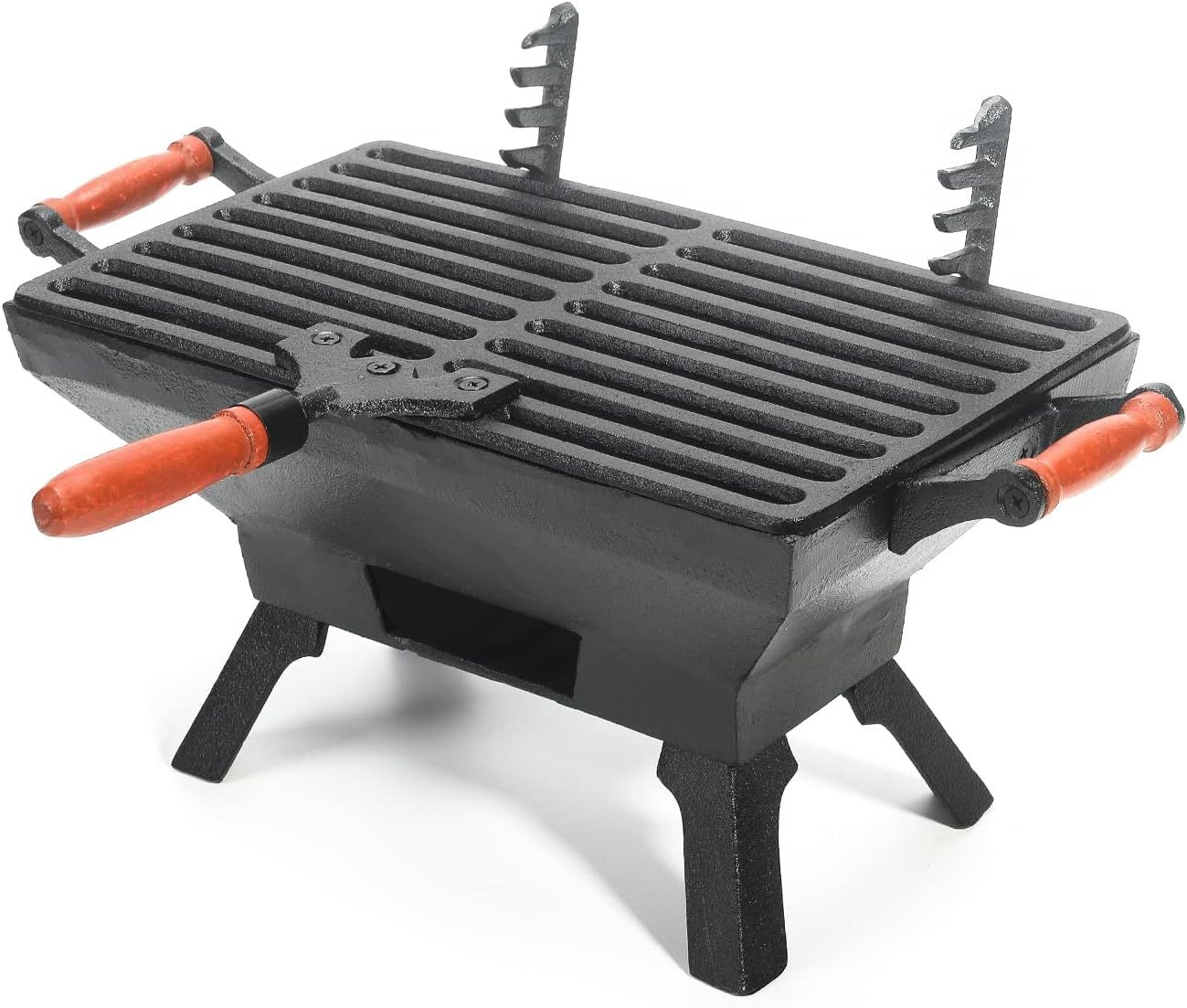 Small Black Cast Iron Portable Hibachi Grill with Red Handles