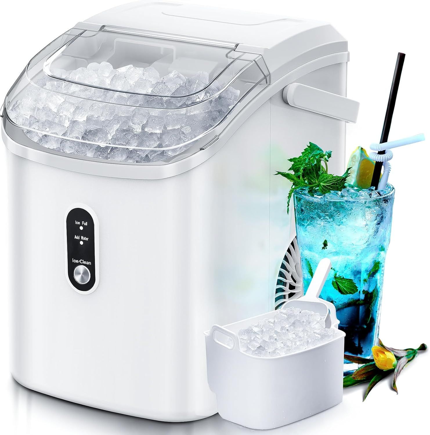 White Portable Countertop Nugget Ice Maker with Self-Cleaning