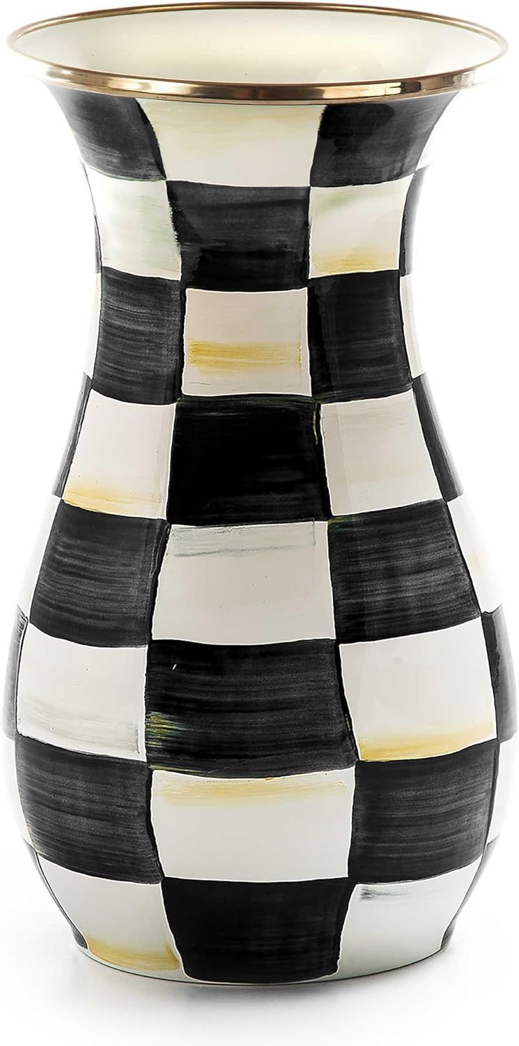 Tall Black and White Checkered Metal Table Vase