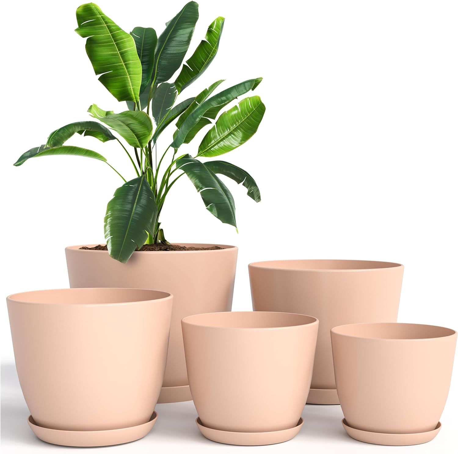 Set of 5 Pink Round Plastic Indoor Plant Pots