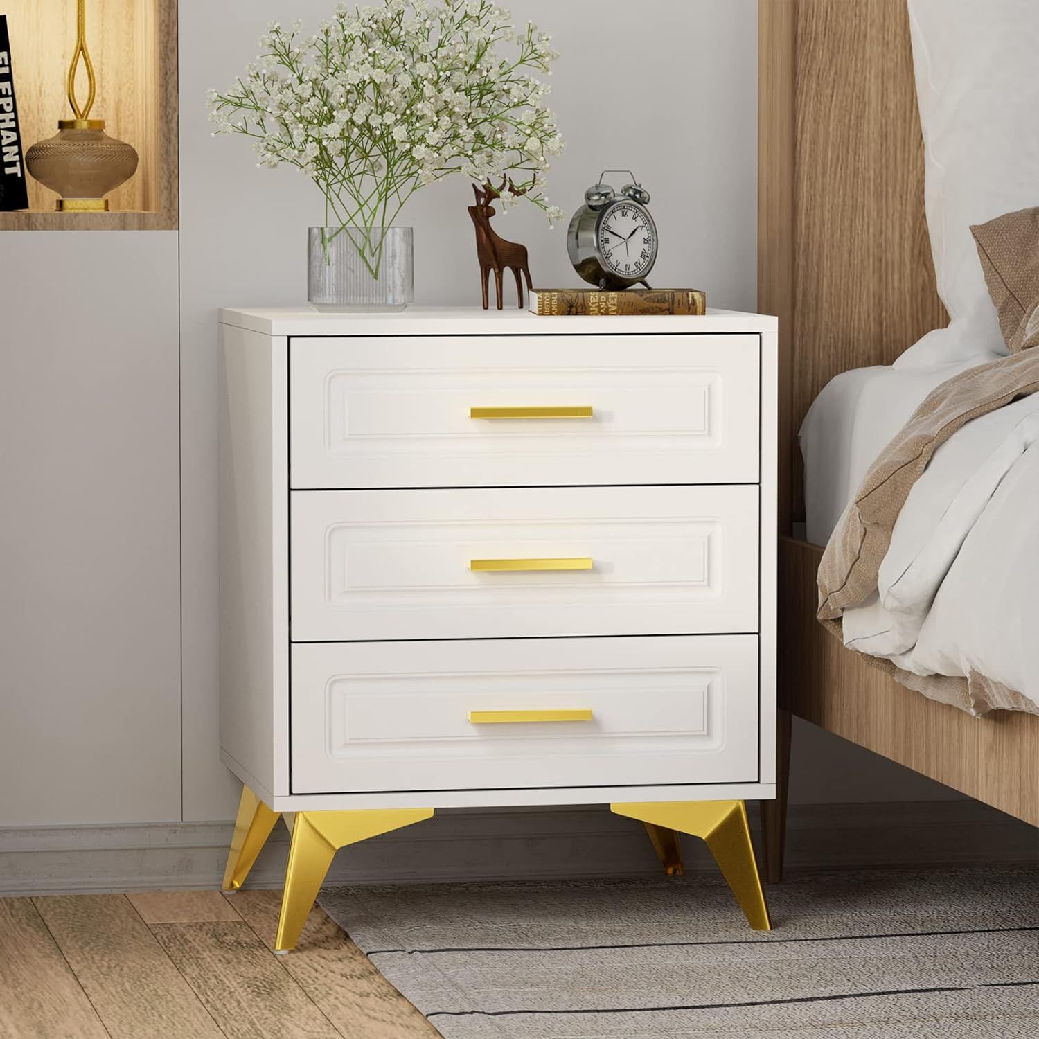 White and Gold 3-Drawer MDF Nightstand with Metal Legs