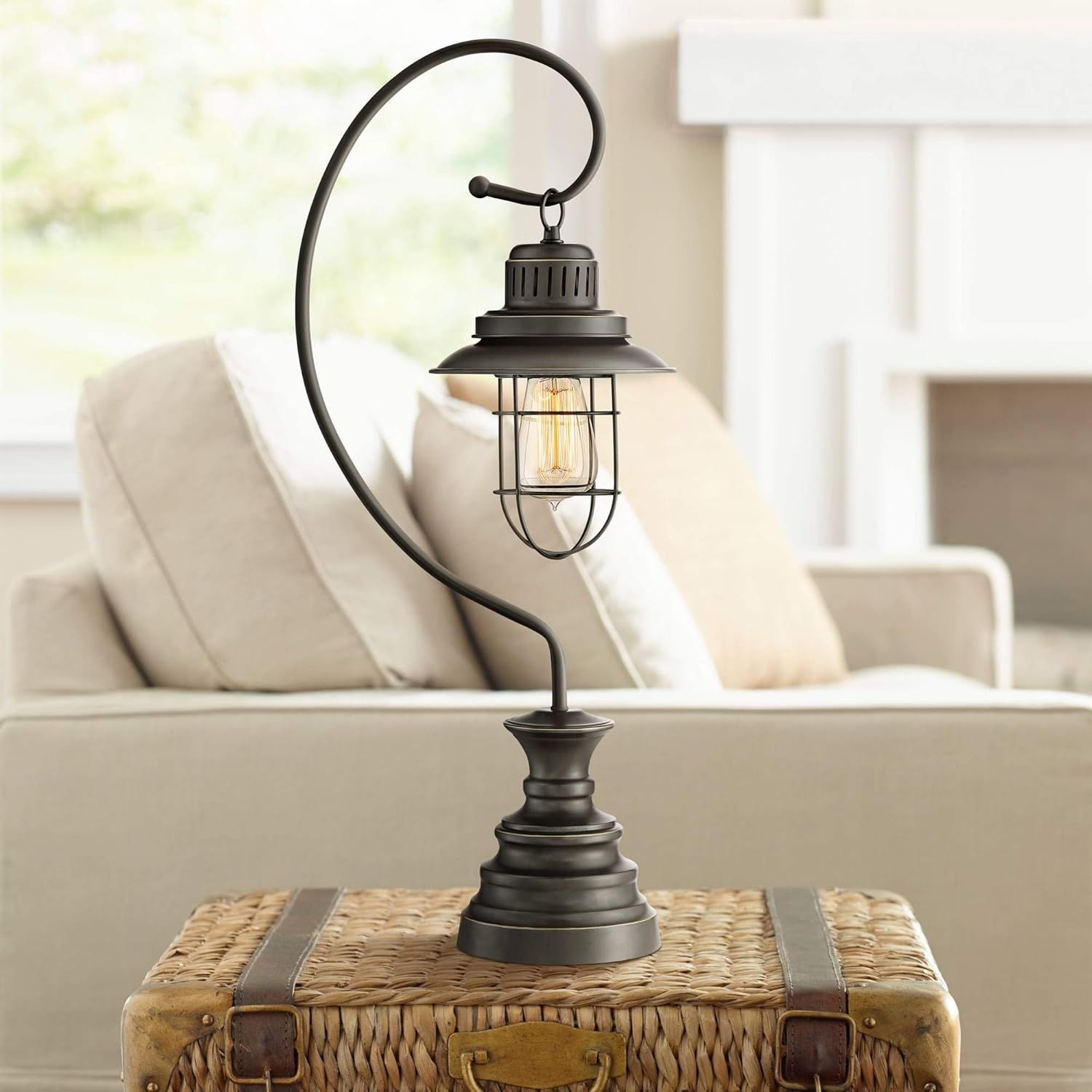 Edison Bronze 30'' Industrial Desk Lantern Lamp with Metal Cage Shade