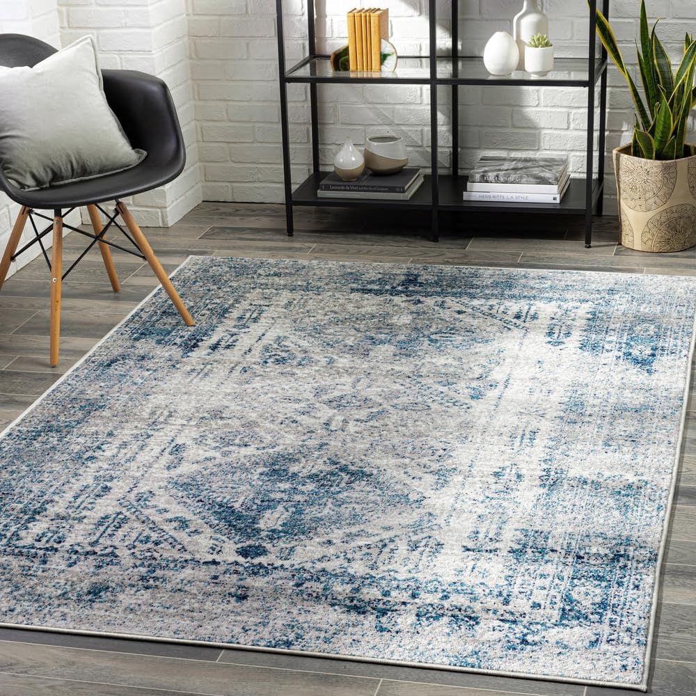 Blue and White Rectangular Synthetic 8' x 10' Area Rug